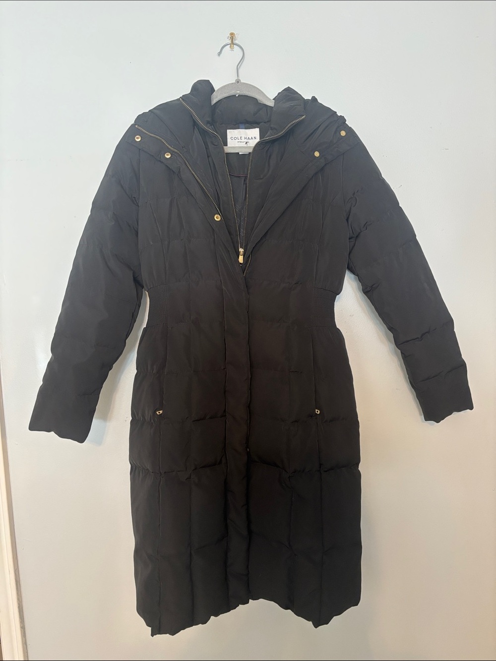 Cole Haan Black Quilted Long Puffer Coat with Hood